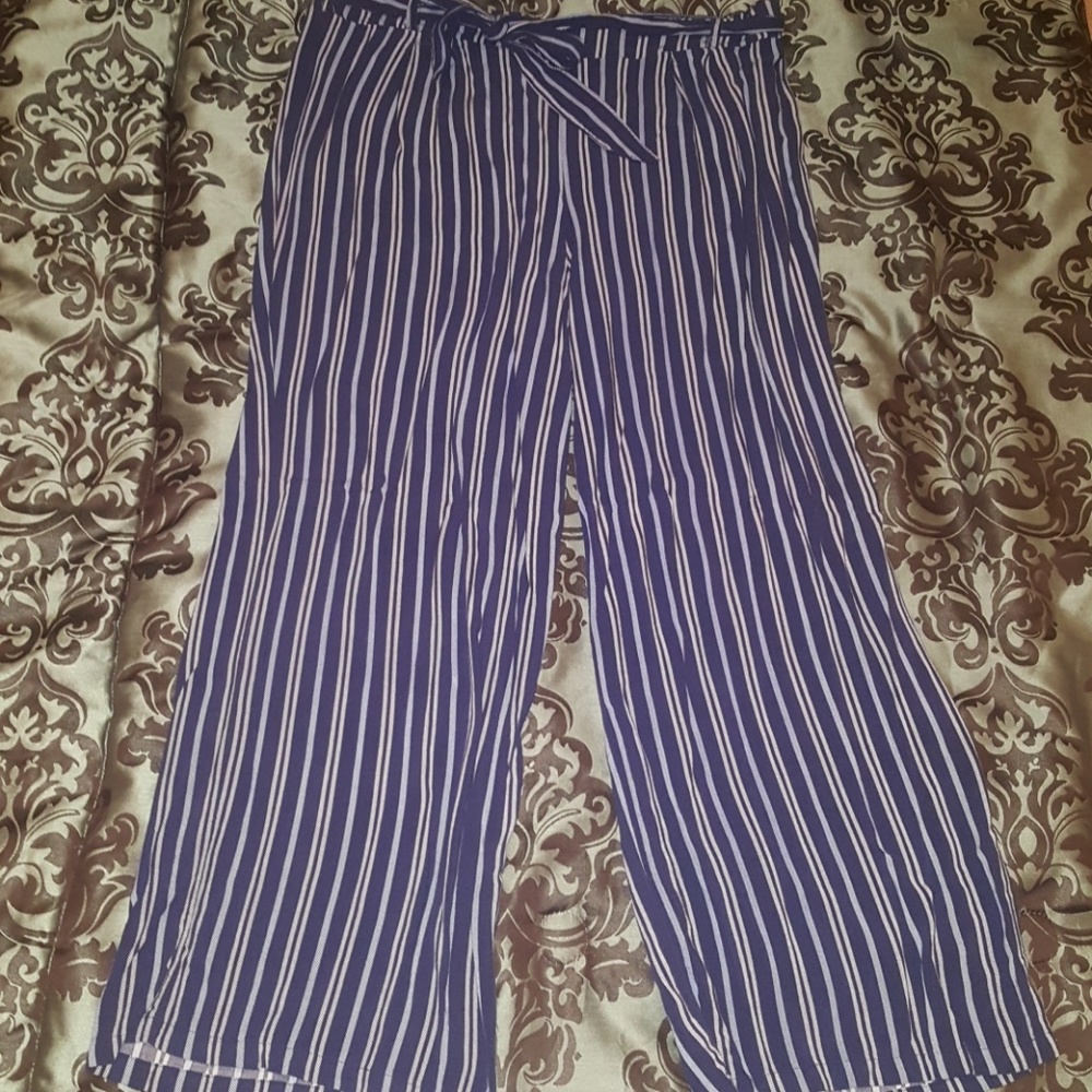 Belted Striped Wide Leg Pants